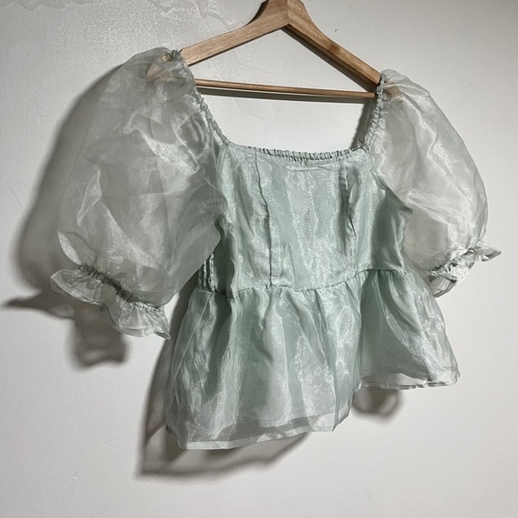 Japna Mint Green Puff Sleeve Smocked Peplum Top - Size M - Picture 4 of 10